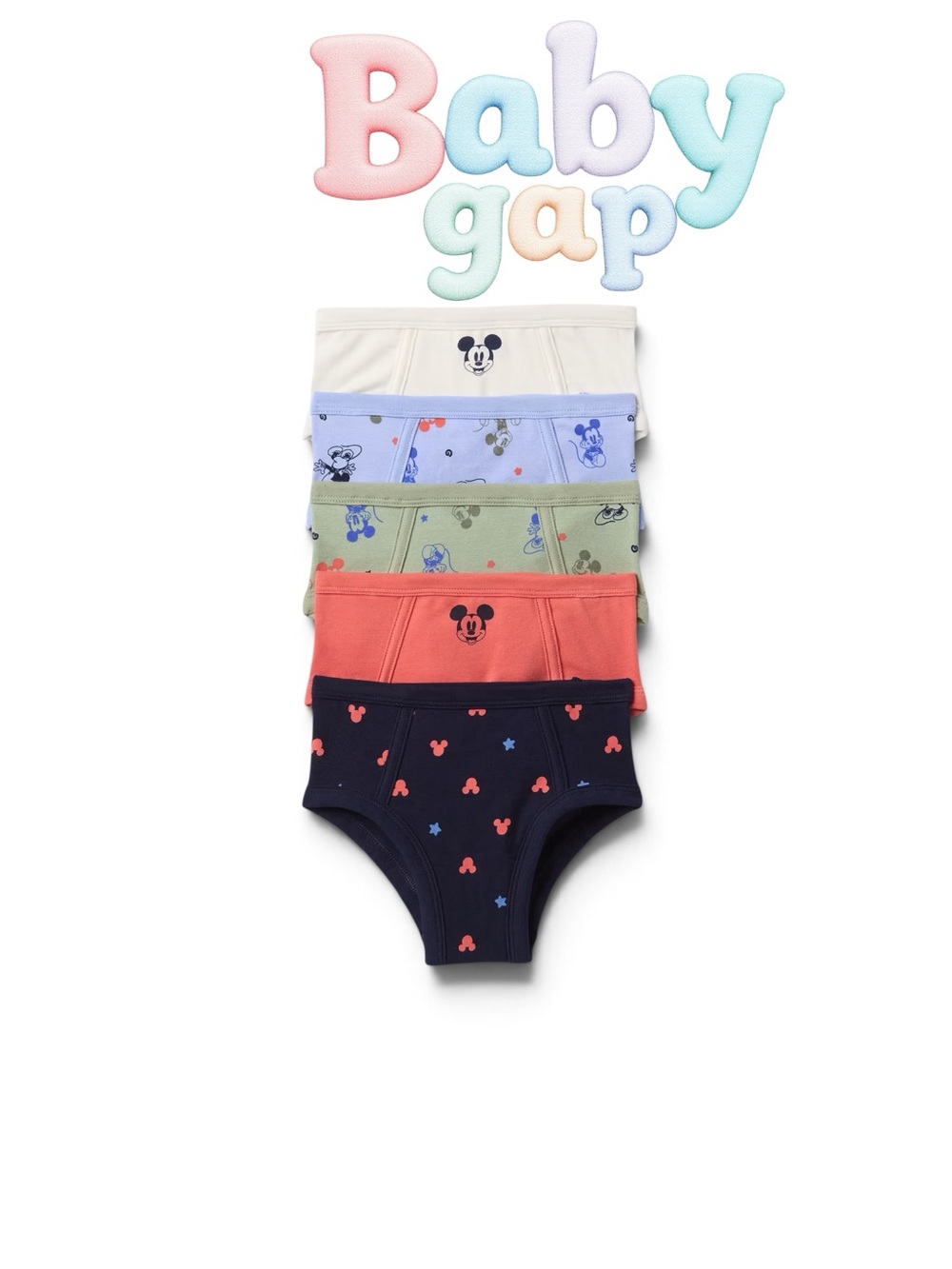 GAP Baby Mickey 5-Pack Briefs in Navy, Coral, Green, Light Blue, Cream